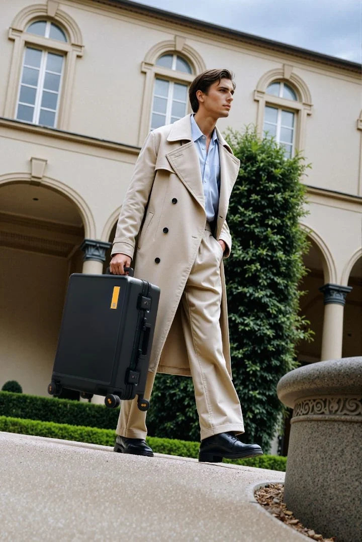 Traveler carrying a black suitcase for packing with travel vacuum bags
