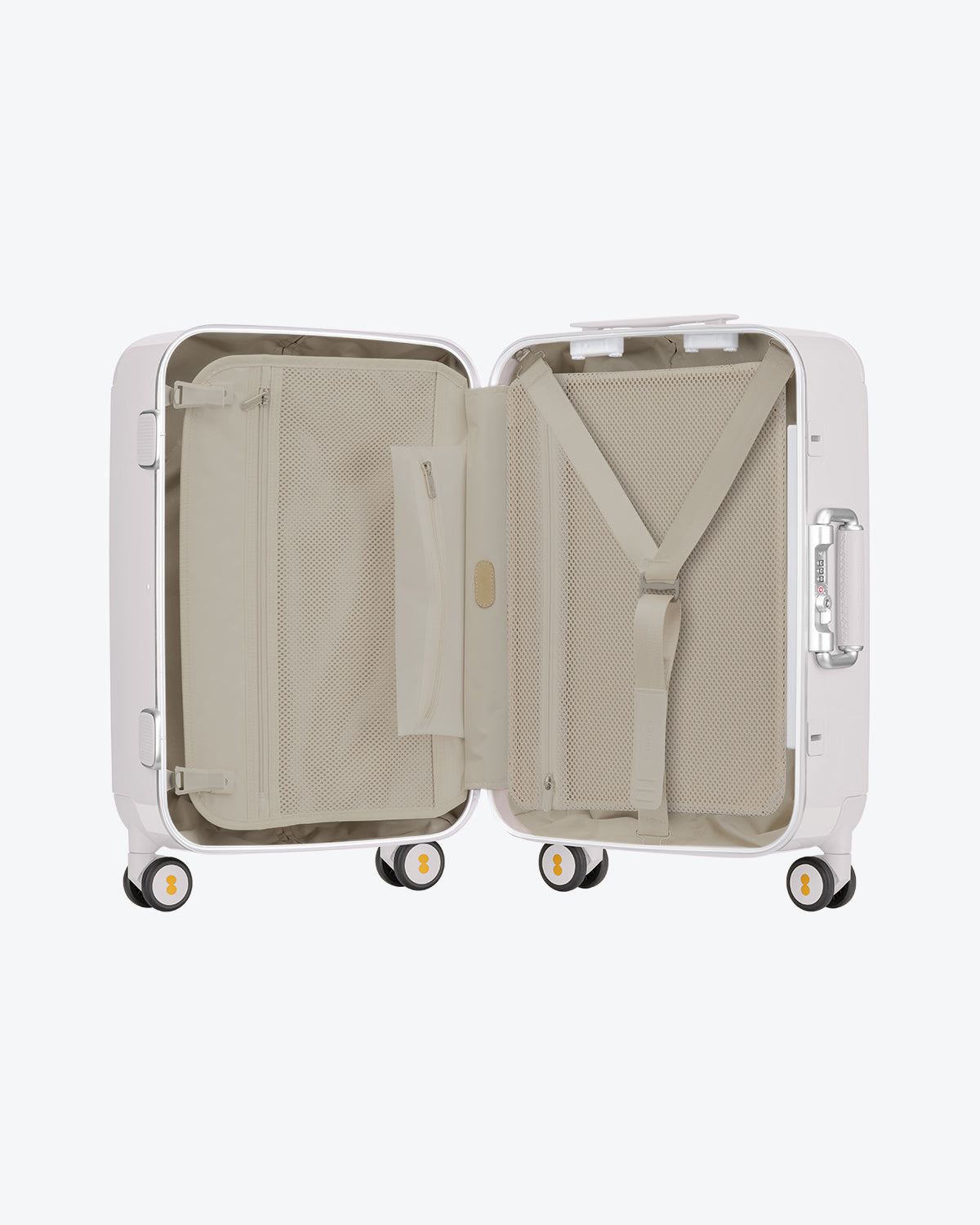 Open interior view of LEVEL8 Freeloop Carry-On in Coconut White with beige lining and straps.