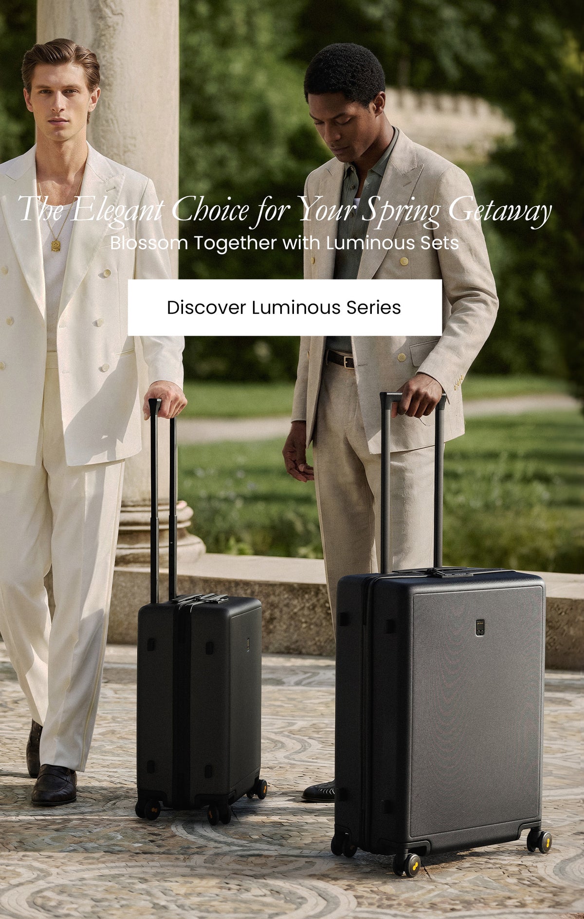 LEVEL8 Luminous Series Luggage Sets in Black with models in elegant suits - The Elegant Choice for Your Spring Getaway.