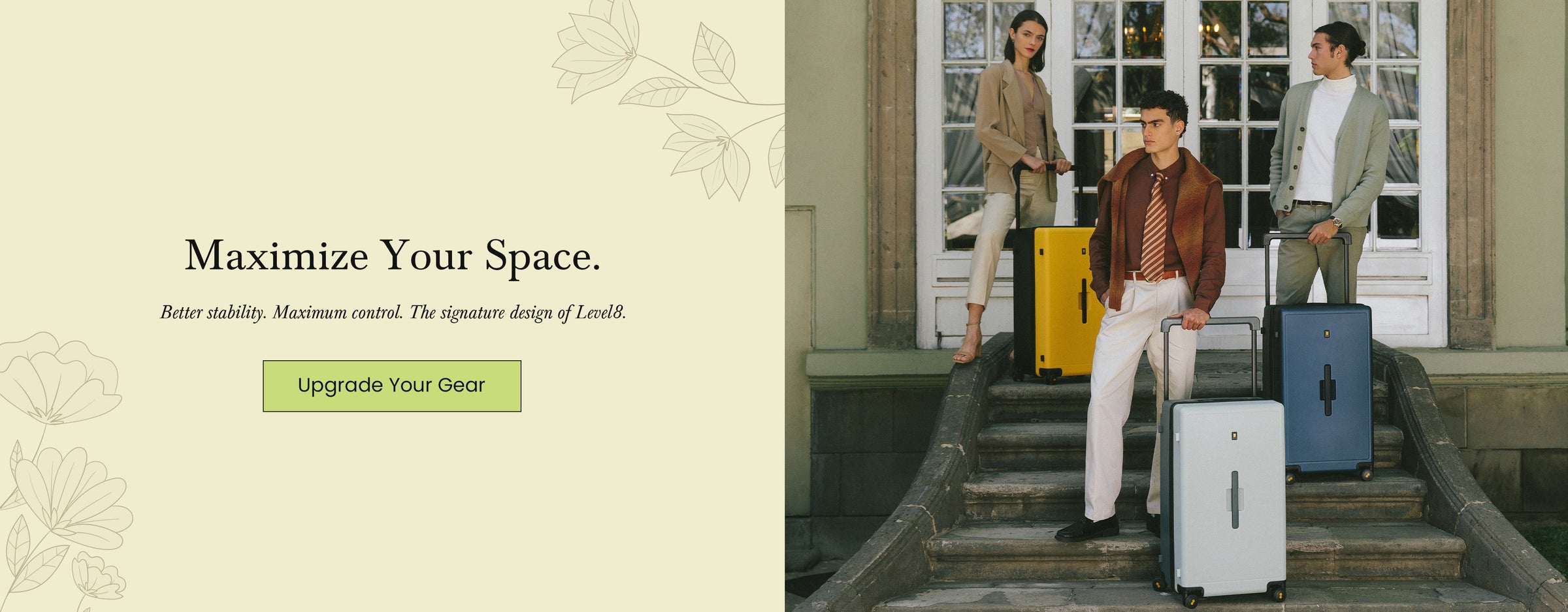 LEVEL8 Wide-handle Checked Luggage in Yellow, Grey, and Navy Blue with models on stone steps - Maximize Your Space.