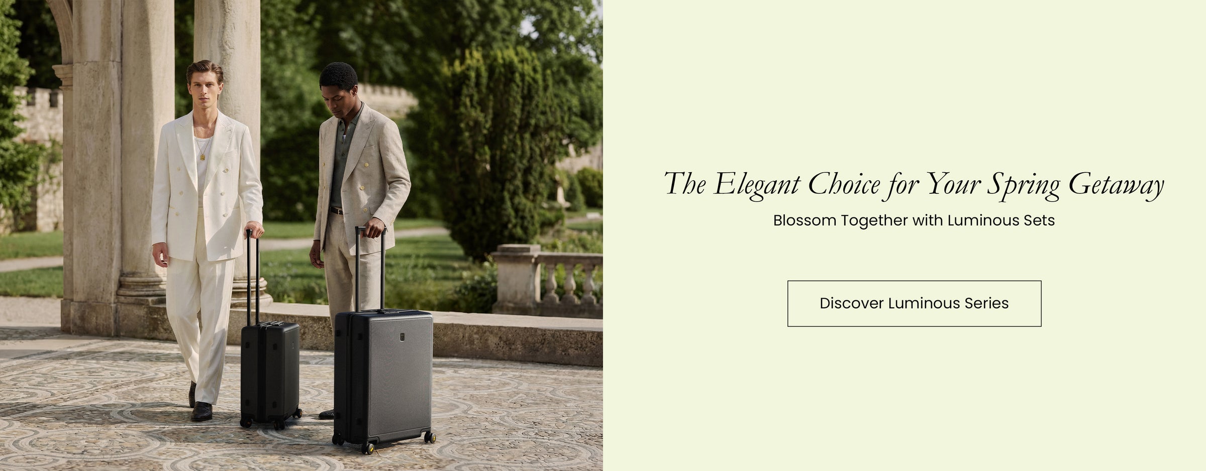 LEVEL8 Luminous Series Luggage Sets in Black with models in elegant suits - The Elegant Choice for Your Spring Getaway.