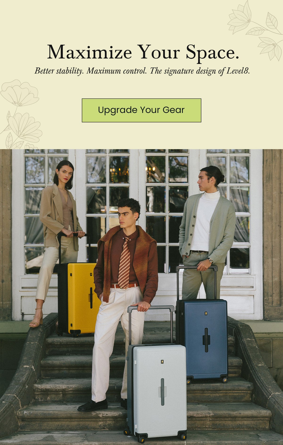 LEVEL8 Wide-handle Checked Luggage in Yellow, Grey, and Navy Blue with models on stone steps - Maximize Your Space.